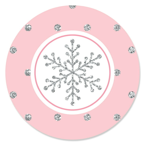 Holiday Snowflake Birthday Party or Baby Shower Circle Sticker Labels Pink Winter Wonderland 24 Count 